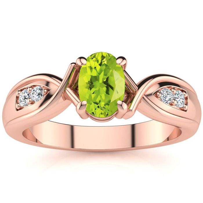 1 Carat Oval Shape Peridot & Four 2 Diamond Ring in Rose Gold (4.7 g), , Size 4 by SuperJeweler