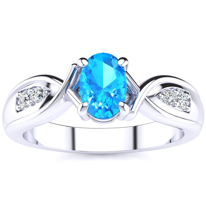 1 Carat Oval Shape Blue Topaz & Four 2 Diamond Ring in White Gold (4.7 g), , Size 4 by SuperJeweler