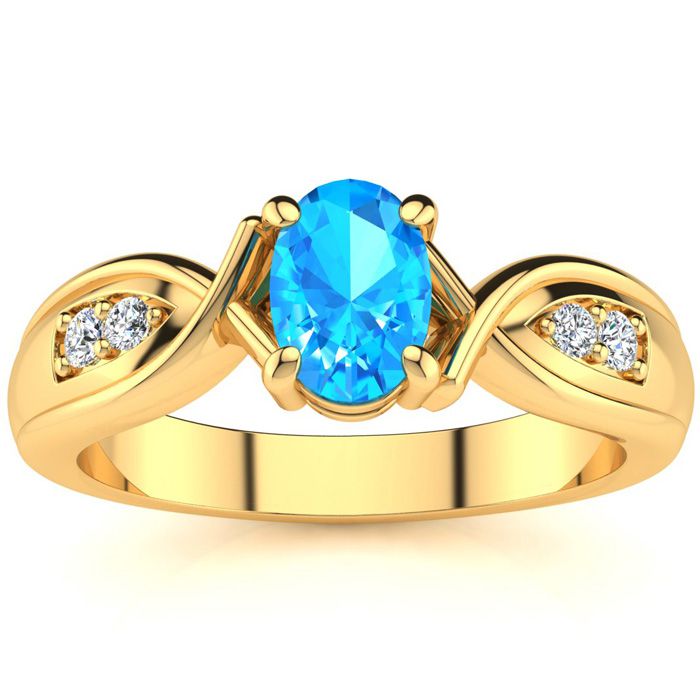 1 Carat Oval Shape Blue Topaz & Four 2 Diamond Ring in Yellow Gold (4.7 g), , Size 4 by SuperJeweler