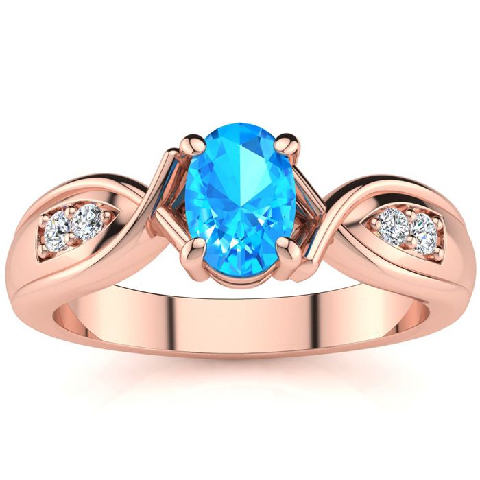 1 Carat Oval Shape Blue Topaz & Four 2 Diamond Ring in Rose Gold (4.7 g), , Size 4 by SuperJeweler