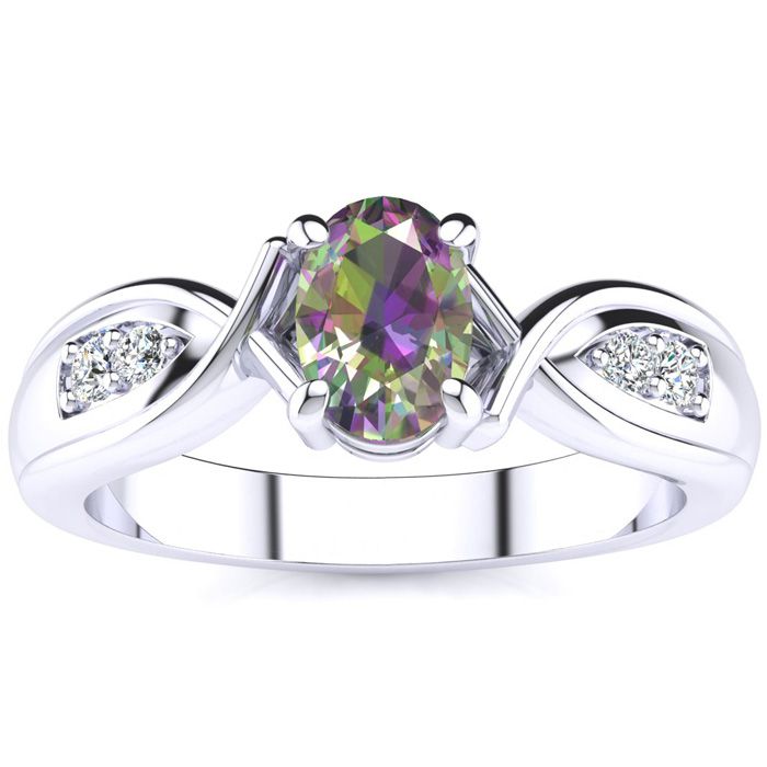 3/4 Carat Oval Shape Mystic Topaz & Four 2 Diamond Ring in White Gold (4.7 g), , Size 4 by SuperJeweler