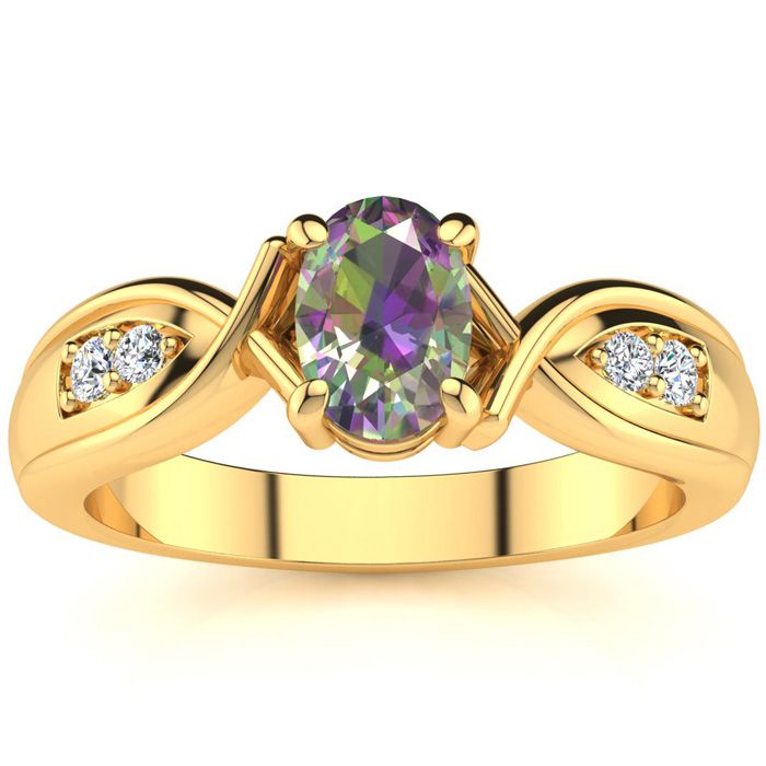 3/4 Carat Oval Shape Mystic Topaz & Four 2 Diamond Ring in Yellow Gold (4.7 g), , Size 4 by SuperJeweler