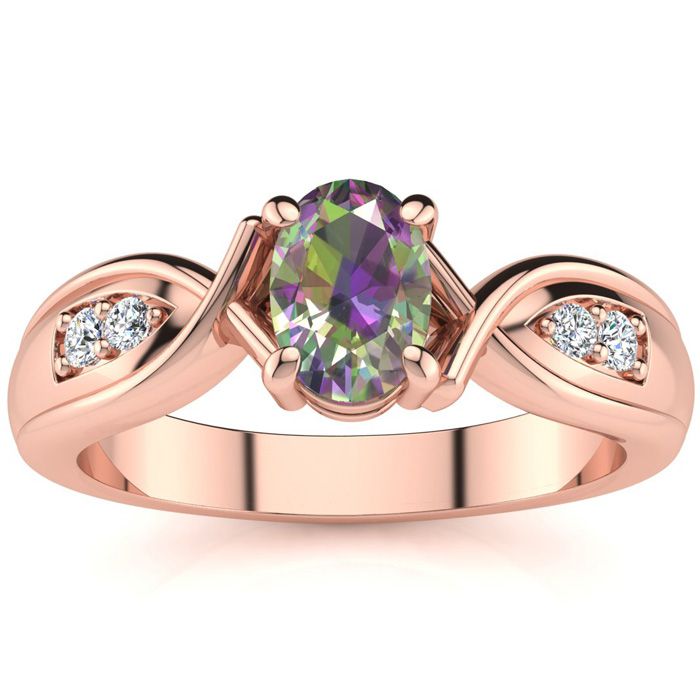 3/4 Carat Oval Shape Mystic Topaz & Four 2 Diamond Ring in Rose Gold (4.7 g), , Size 4 by SuperJeweler