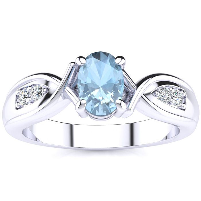 1 Carat Oval Shape Aquamarine & Four 2 Diamond Ring in White Gold (4.7 g), , Size 4 by SuperJeweler