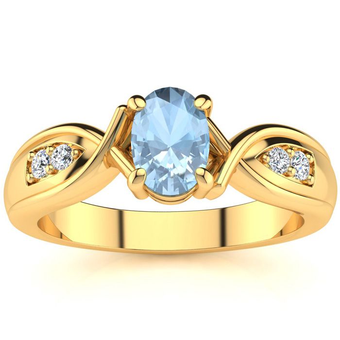 1 Carat Oval Shape Aquamarine & Four 2 Diamond Ring in Yellow Gold (4.7 g), , Size 4 by SuperJeweler