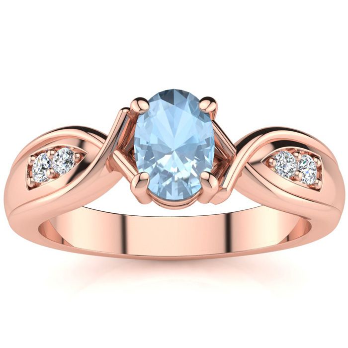 1 Carat Oval Shape Aquamarine & Four 2 Diamond Ring in Rose Gold (4.7 g), , Size 4 by SuperJeweler