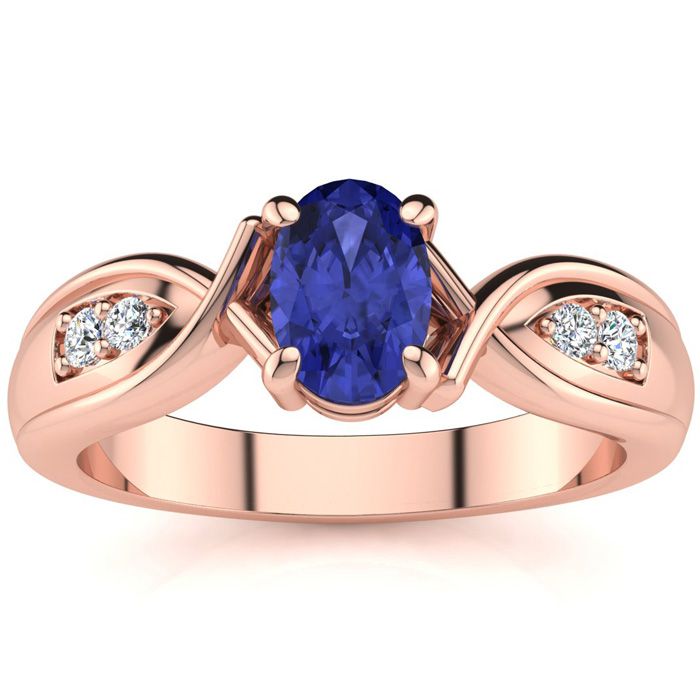 1 Carat Oval Shape Tanzanite & Four 2 Diamond Ring in Rose Gold (4.7 g), , Size 4 by SuperJeweler