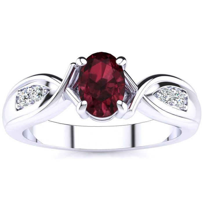 1 Carat Oval Shape Garnet & Four 2 Diamond Ring in White Gold (4.7 g), , Size 4 by SuperJeweler