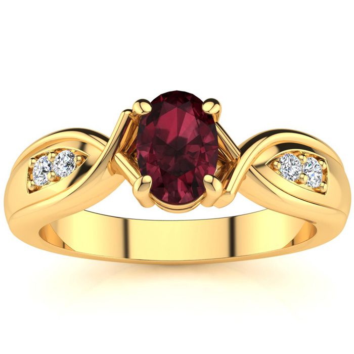 1 Carat Oval Shape Garnet & Four 2 Diamond Ring in Yellow Gold (4.7 g), , Size 4 by SuperJeweler