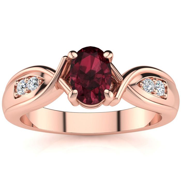 1 Carat Oval Shape Garnet & Four 2 Diamond Ring in Rose Gold (4.7 g), , Size 4 by SuperJeweler