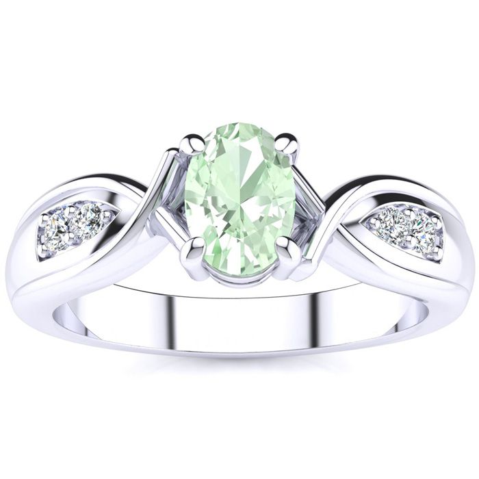 3/4 Carat Oval Shape Green Amethyst & Four Diamond Ring In 10K White Gold (4.7 G), I/J By SuperJeweler