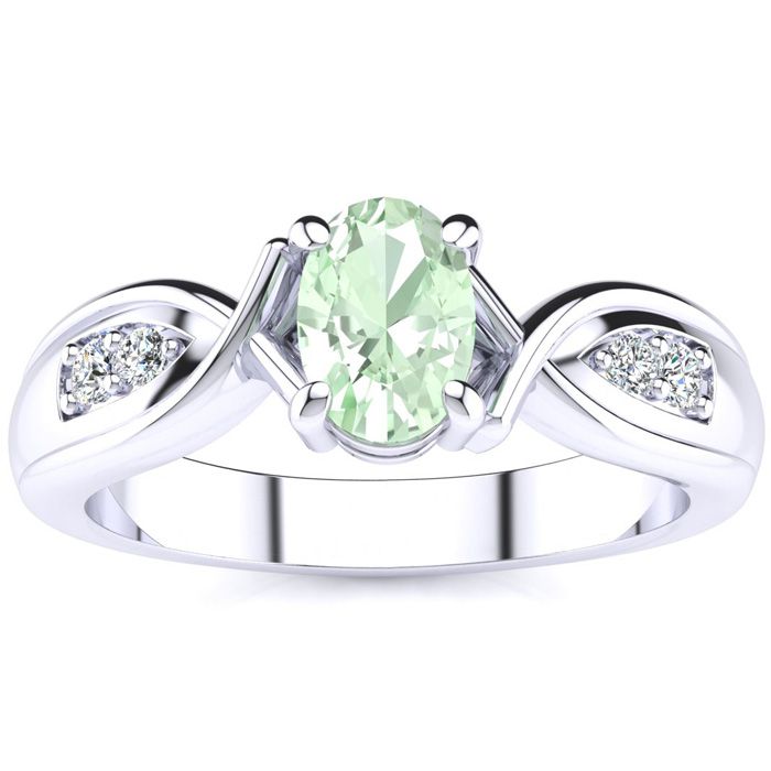 3/4 Carat Oval Shape Green Amethyst & Four 2 Diamond Ring in White Gold (4.7 g), , Size 4 by SuperJeweler