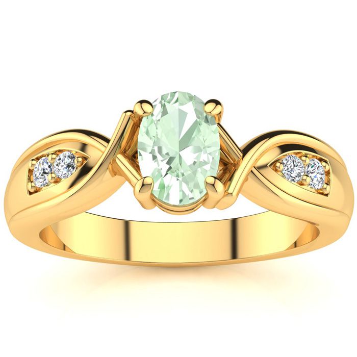 3/4 Carat Oval Shape Green Amethyst & Four 2 Diamond Ring in Yellow Gold (4.7 g), , Size 4 by SuperJeweler