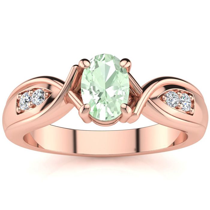 3/4 Carat Oval Shape Green Amethyst & Four Diamond Ring In 10K Rose Gold (4.7 G), I/J By SuperJeweler