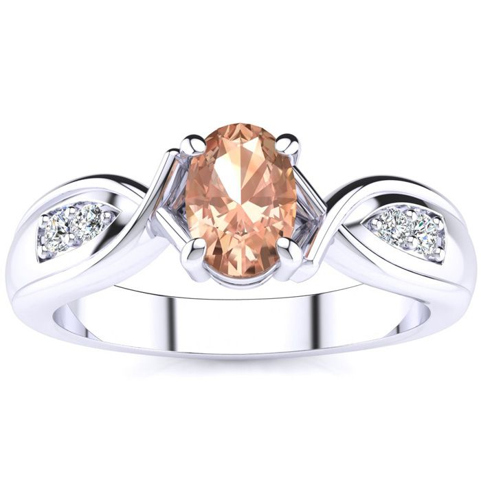 1 Carat Oval Shape Morganite & Four 2 Diamond Ring in White Gold (4.7 g), , Size 4 by SuperJeweler