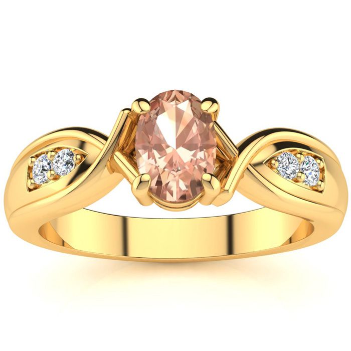 1 Carat Oval Shape Morganite & Four 2 Diamond Ring in Yellow Gold (4.7 g), , Size 4 by SuperJeweler