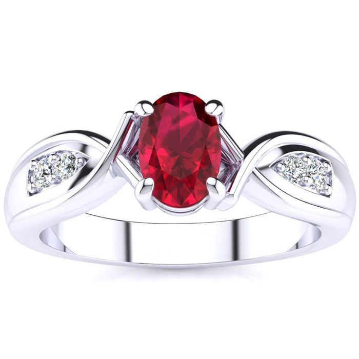 1 Carat Oval Shape Ruby & Four 2 Diamond Ring in White Gold (4.7 g), , Size 4 by SuperJeweler