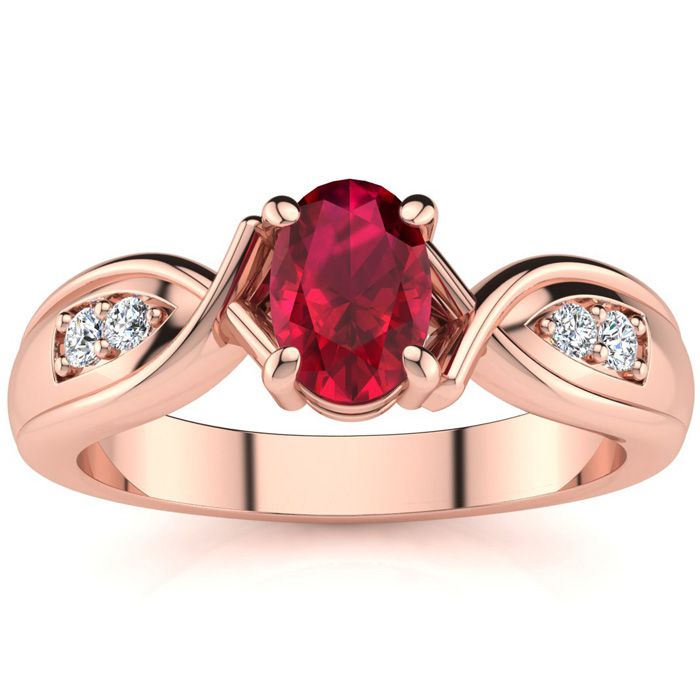 1 Carat Oval Shape Ruby & Four 2 Diamond Ring in Rose Gold (4.7 g), , Size 4 by SuperJeweler