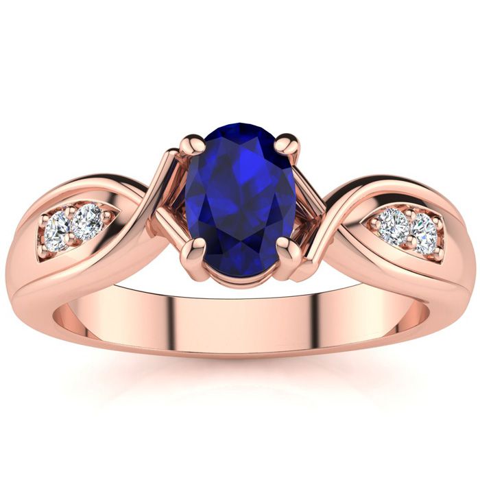 1 Carat Oval Shape Sapphire & Four 2 Diamond Ring in Rose Gold (4.7 g), , Size 4 by SuperJeweler