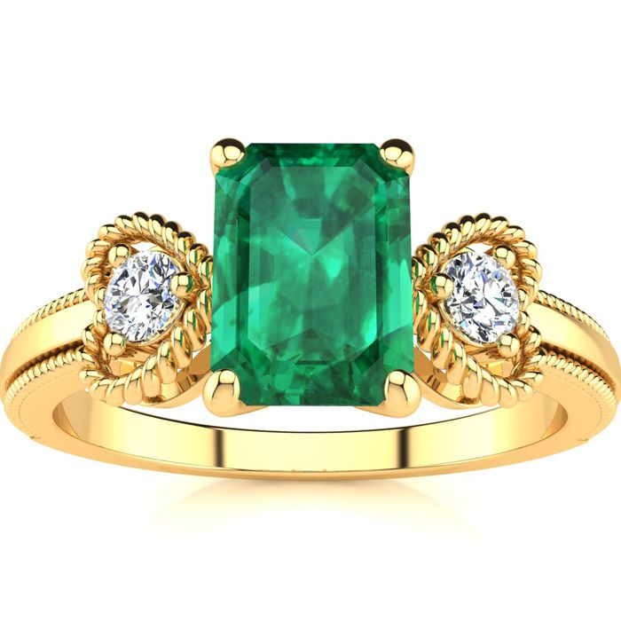 1 Carat Emerald Cut & Two Diamond Heart Ring in Yellow Gold (2.8 g), , Size 4 by SuperJeweler