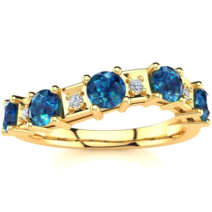 1 Carat Blue & White Diamond Journey Band Ring in Yellow Gold (3.5 g), Size 4 by SuperJeweler