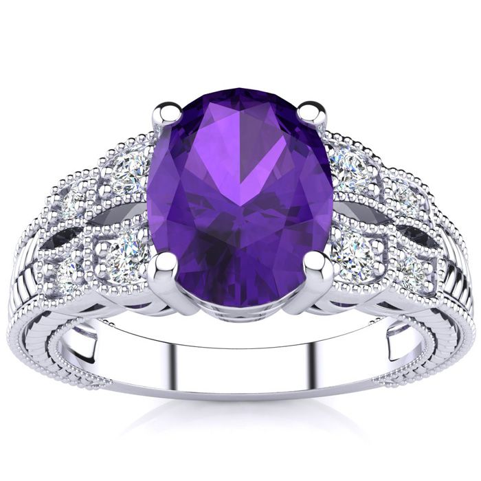 1 3/4 Carat Oval Shape Amethyst & 8 Diamond Ring in White Gold (4.70 g), , Size 4 by SuperJeweler