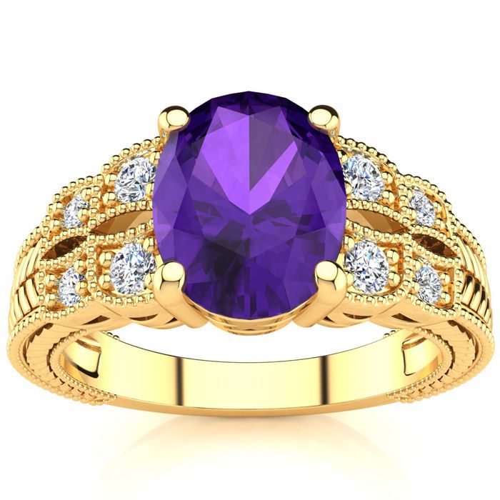 1 3/4 Carat Oval Shape Amethyst & 8 Diamond Ring in Yellow Gold (4.70 g), , Size 4 by SuperJeweler