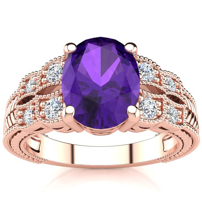 1 3/4 Carat Oval Shape Amethyst & 8 Diamond Ring in Rose Gold (4.70 g), , Size 4 by SuperJeweler