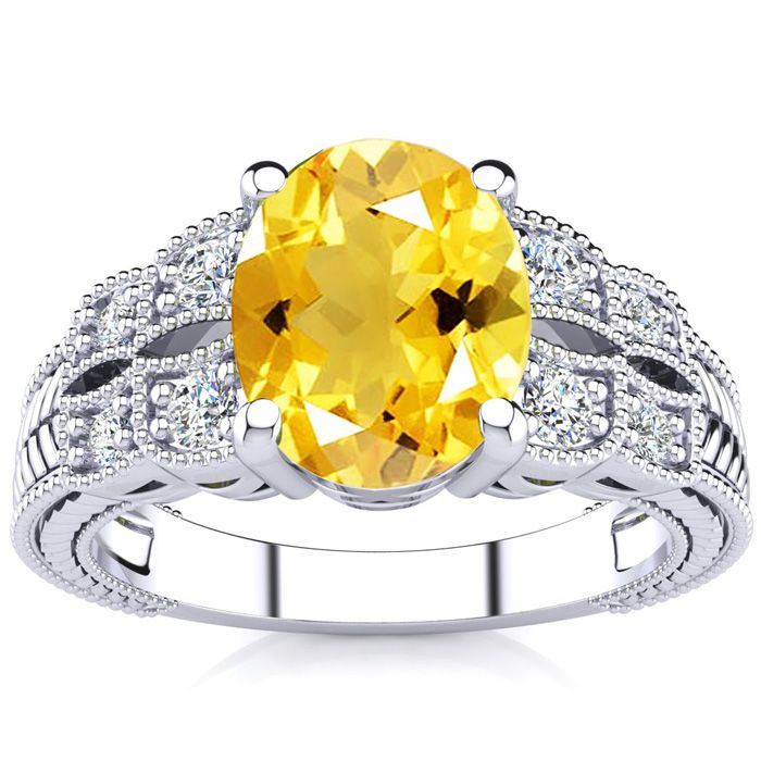 1 3/4 Carat Oval Shape Citrine & 8 Diamond Ring in White Gold (4.70 g), , Size 4 by SuperJeweler