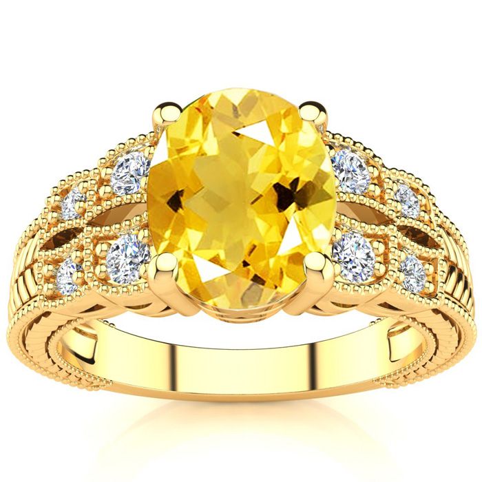 1 3/4 Carat Oval Shape Citrine & 8 Diamond Ring in Yellow Gold (4.70 g), , Size 4 by SuperJeweler