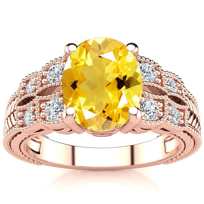 1 3/4 Carat Oval Shape Citrine & 8 Diamond Ring in Rose Gold (4.70 g), , Size 4 by SuperJeweler