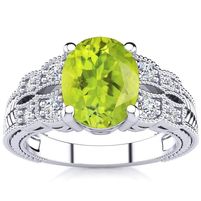 2 Carat Oval Shape Peridot & 8 Diamond Ring in White Gold (4.70 g), , Size 4 by SuperJeweler