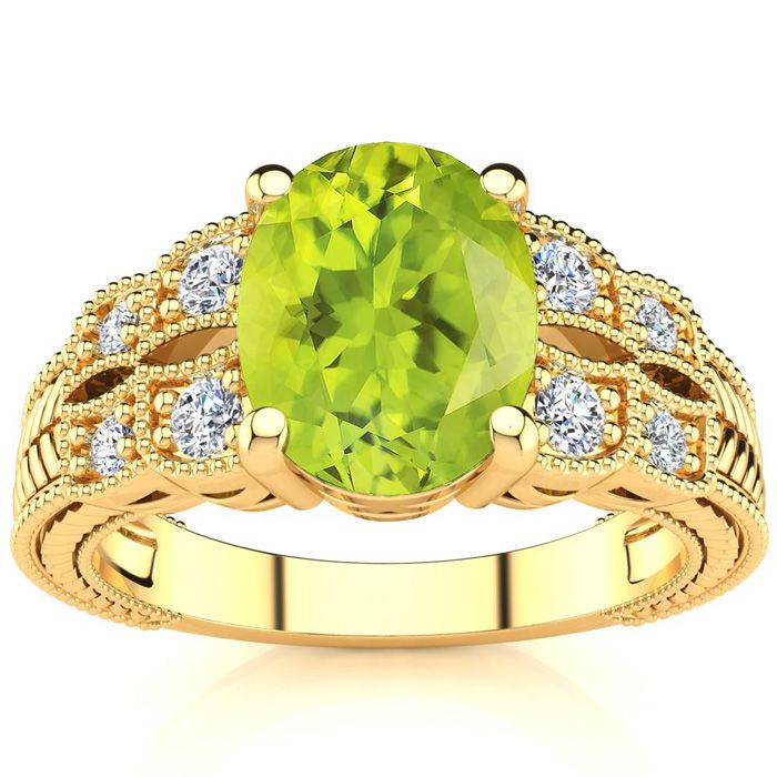 2 Carat Oval Shape Peridot & 8 Diamond Ring in Yellow Gold (4.70 g), , Size 4 by SuperJeweler