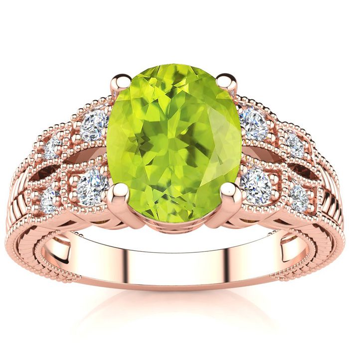 2 Carat Oval Shape Peridot & 8 Diamond Ring in Rose Gold (4.70 g), , Size 4 by SuperJeweler