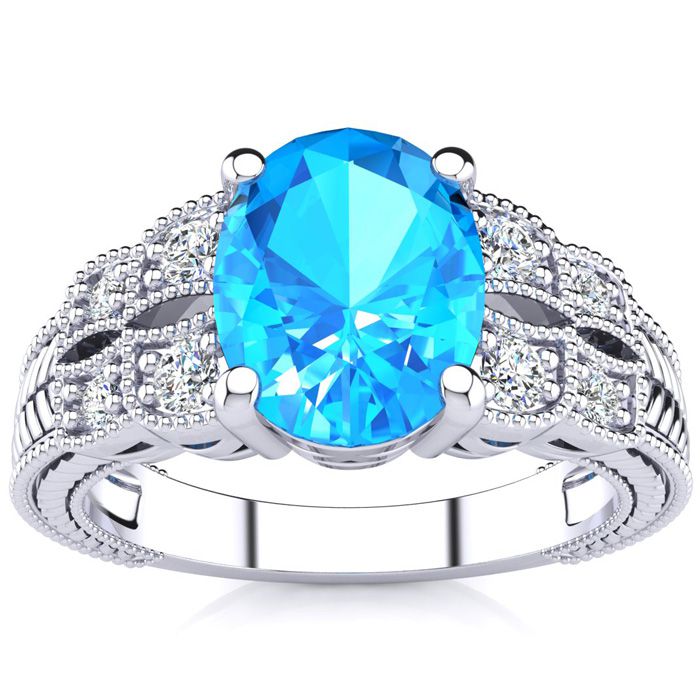 2 1/3 Carat Oval Shape Blue Topaz & 8 Diamond Ring in White Gold (4.70 g), , Size 4 by SuperJeweler