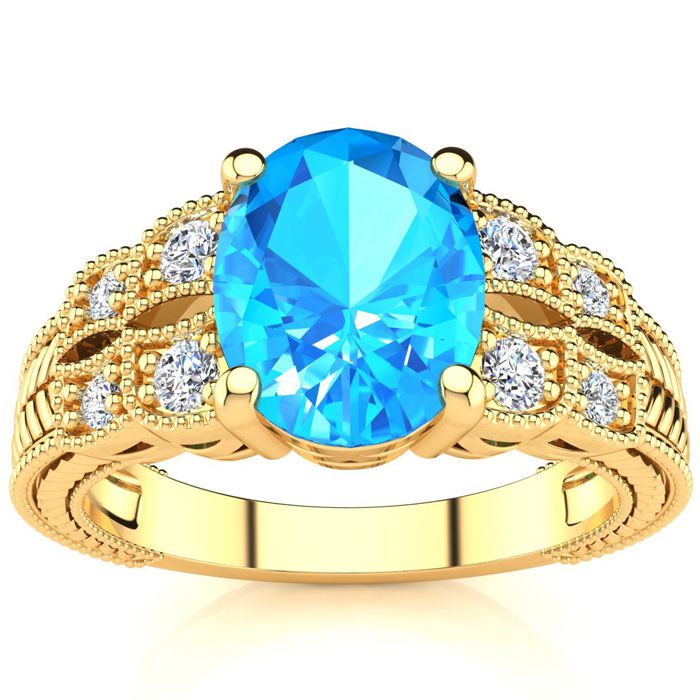 2 1/3 Carat Oval Shape Blue Topaz & 8 Diamond Ring in Yellow Gold (4.70 g), , Size 4 by SuperJeweler