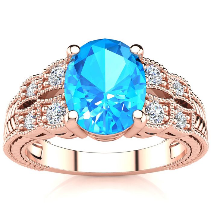 2 1/3 Carat Oval Shape Blue Topaz & 8 Diamond Ring in Rose Gold (4.70 g), , Size 4 by SuperJeweler