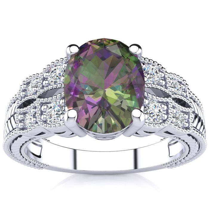 2 1/3 Carat Oval Shape Mystic Topaz & 8 Diamond Ring in White Gold (4.70 g), , Size 4 by SuperJeweler