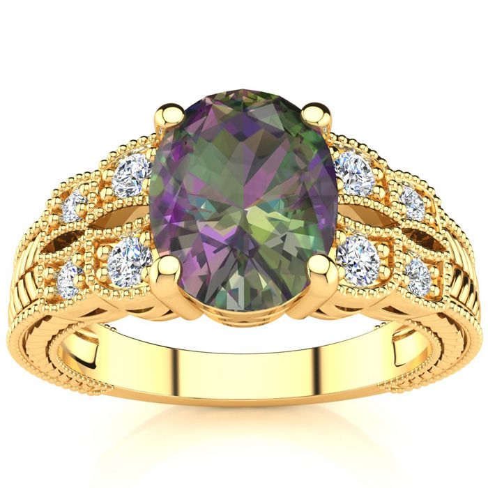 2 1/3 Carat Oval Shape Mystic Topaz & 8 Diamond Ring in Yellow Gold (4.70 g), , Size 4 by SuperJeweler