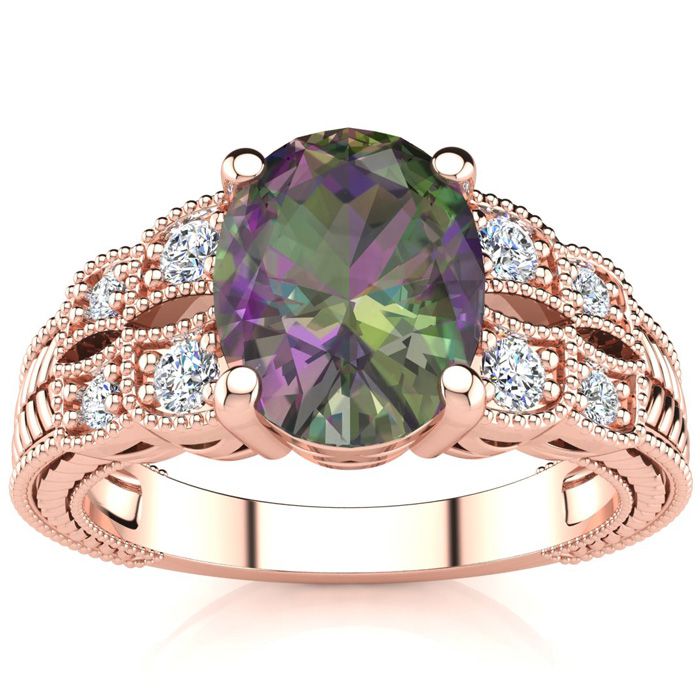 2 1/3 Carat Oval Shape Mystic Topaz & 8 Diamond Ring in Rose Gold (4.70 g), , Size 4 by SuperJeweler