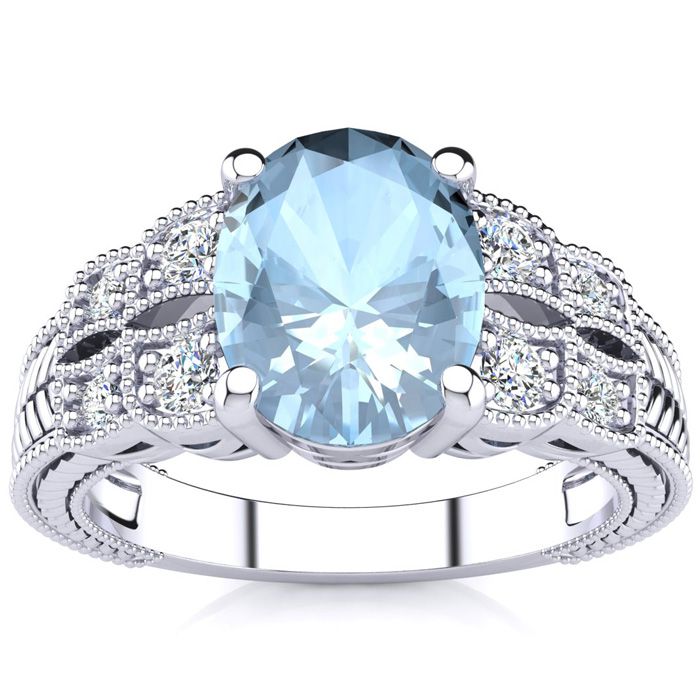 2 Carat Oval Shape Aquamarine & 8 Diamond Ring in White Gold (4.70 g), , Size 4 by SuperJeweler