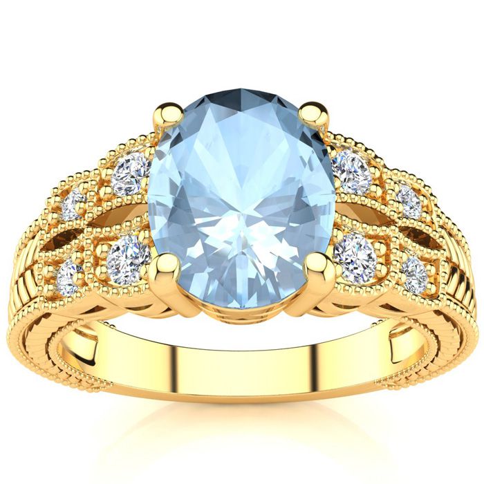 2 Carat Oval Shape Aquamarine & 8 Diamond Ring in Yellow Gold (4.70 g), , Size 4 by SuperJeweler