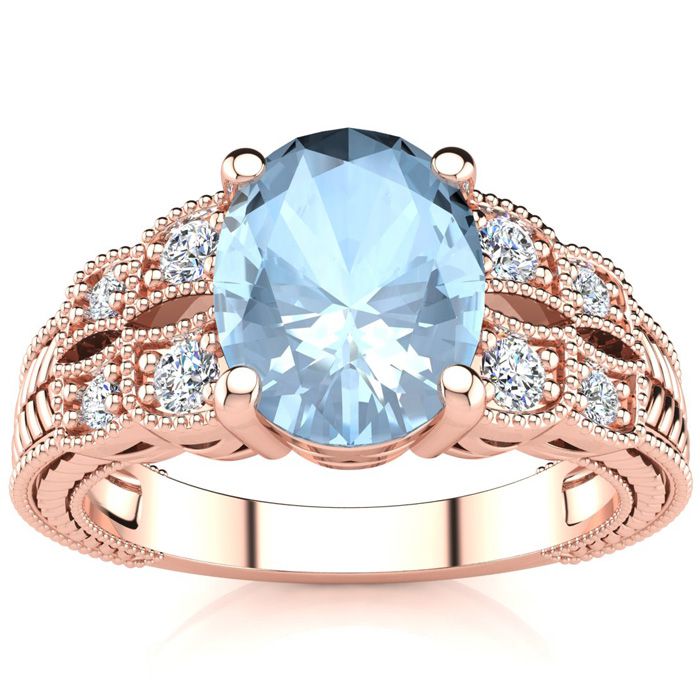 2 Carat Oval Shape Aquamarine & 8 Diamond Ring in Rose Gold (4.70 g), , Size 4 by SuperJeweler