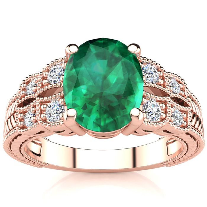 2 Carat Oval Shape Emerald Cut & 8 Diamond Ring in Rose Gold (4.70 g), , Size 4 by SuperJeweler