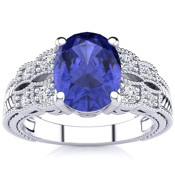 2 Carat Oval Shape Tanzanite & 8 Diamond Ring in White Gold (4.70 g), , Size 4 by SuperJeweler