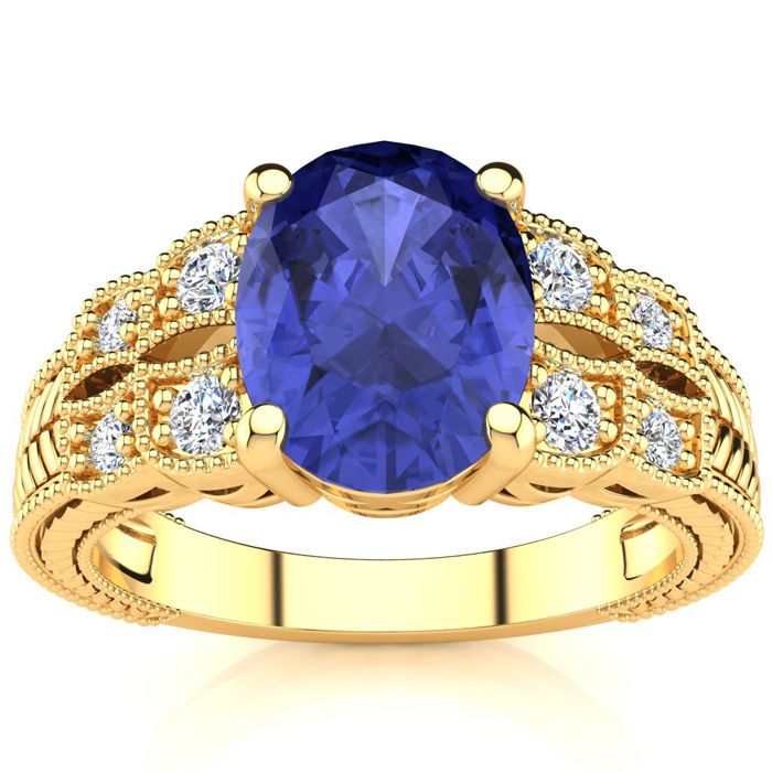 2 Carat Oval Shape Tanzanite & 8 Diamond Ring in Yellow Gold (4.70 g), , Size 4 by SuperJeweler