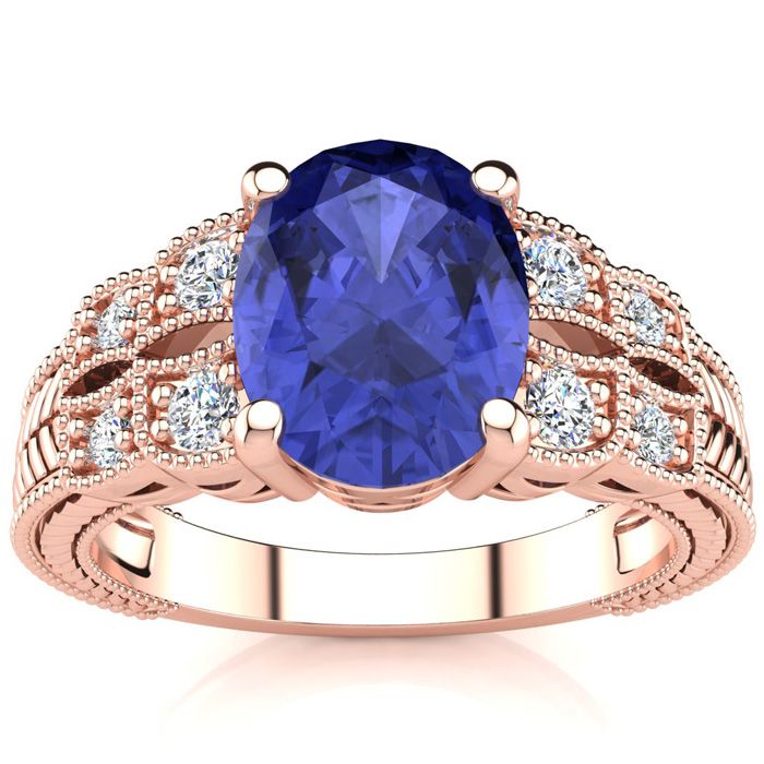 2 Carat Oval Shape Tanzanite & 8 Diamond Ring in Rose Gold (4.70 g), , Size 4 by SuperJeweler