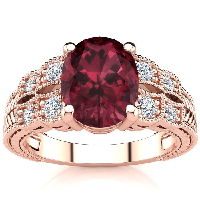 2 Carat Oval Shape Garnet & 8 Diamond Ring in Rose Gold (4.70 g), , Size 4 by SuperJeweler