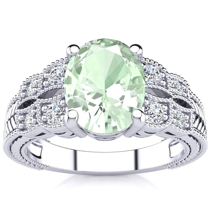 1 3/4 Carat Oval Shape Green Amethyst & 8 Diamond Ring in White Gold (4.70 g), , Size 4 by SuperJeweler