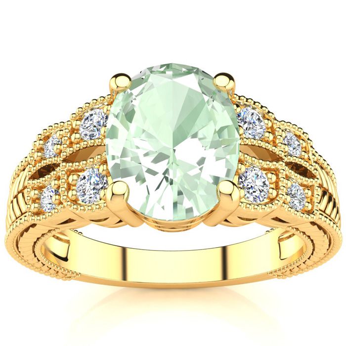 1 3/4 Carat Oval Shape Green Amethyst & 8 Diamond Ring in Yellow Gold (4.70 g), , Size 4 by SuperJeweler